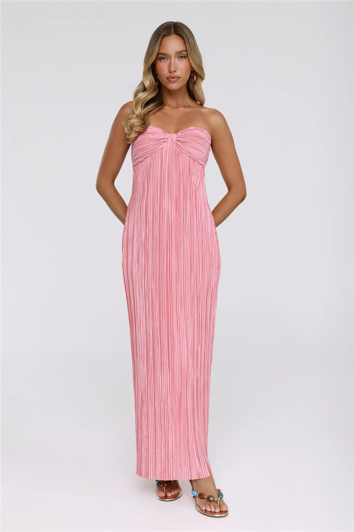 The Pretty Way Plisse Strapless Maxi Dress Pink