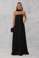 The Serina Strapless Satin Maxi Dress Black