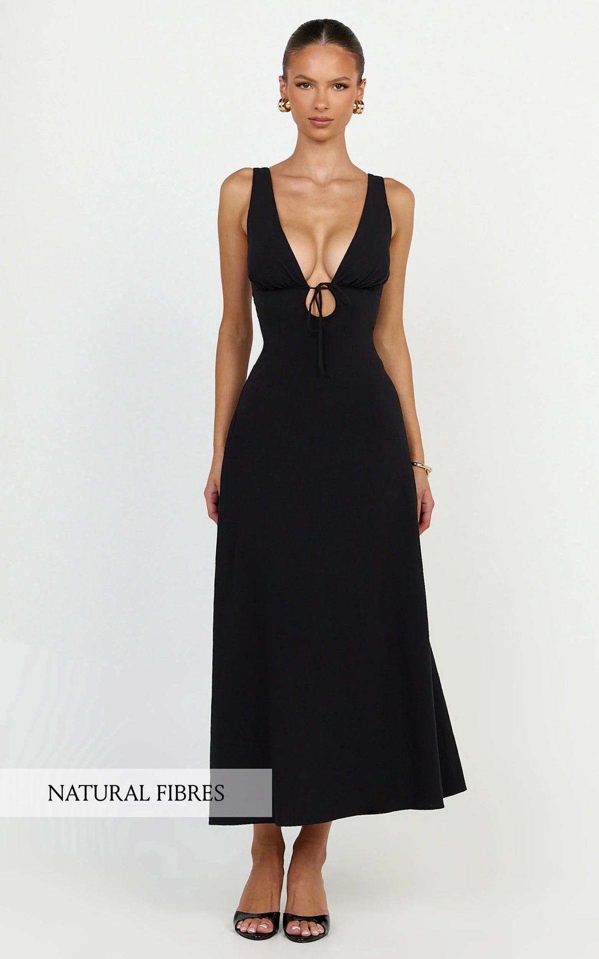 Silvena Midi Dress - V Neck Tie Front A Line Dress in Black