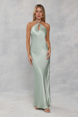The Delilah Satin Halter Maxi Dress Sage Green
