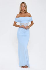 Delicate Glow Lace Off Shoulder Maxi Dress Blue