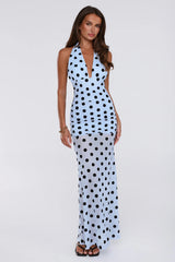 Dancefloor Diaries Halter Polka Dot Maxi Dress Blue