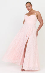 Rachel Maxi Dress - Sweetheart Neckline Jacquard Front Split Dress in Pink