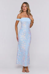 Whispered Waves Off Shoulder Sequin Mesh Maxi Dress Blue