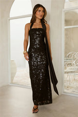 Sparkle Moon Lace Sequin Halter Maxi Dress Black