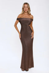 Power Pose Ready Off Shoulder Maxi Dress Brown