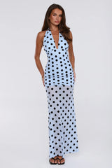 Dancefloor Diaries Halter Polka Dot Maxi Dress Blue