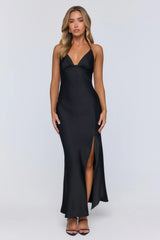 Barely Trying Satin Maxi Dress Black