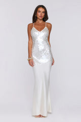 Shimmer Glow Sequin Maxi Dress Ecru White