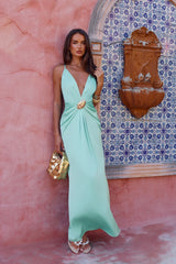 Ocean Haze Satin Maxi Dress Aqua
