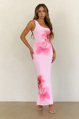 Hibiscus Aura Mesh One Shoulder Maxi Dress Pink