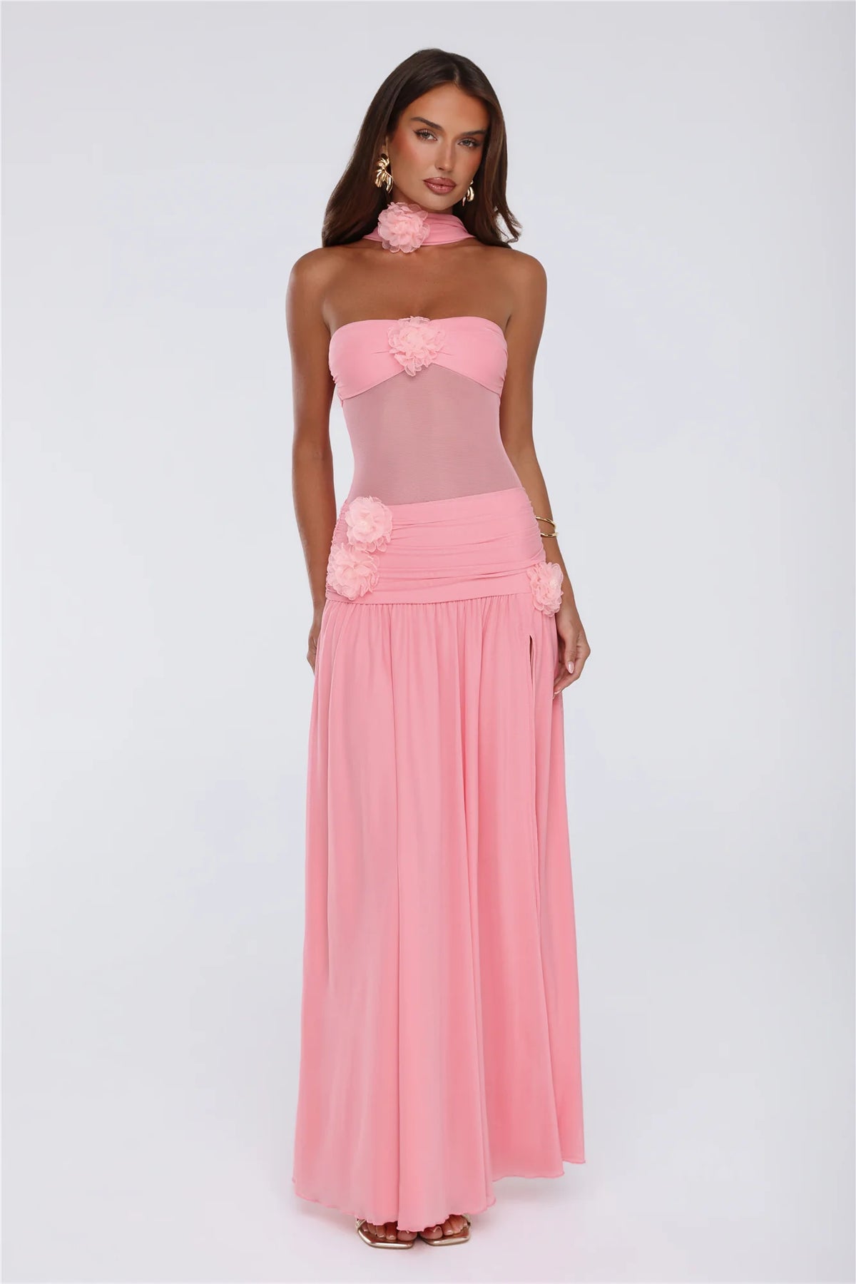 Island Allure Mesh Strapless Maxi Dress Pink