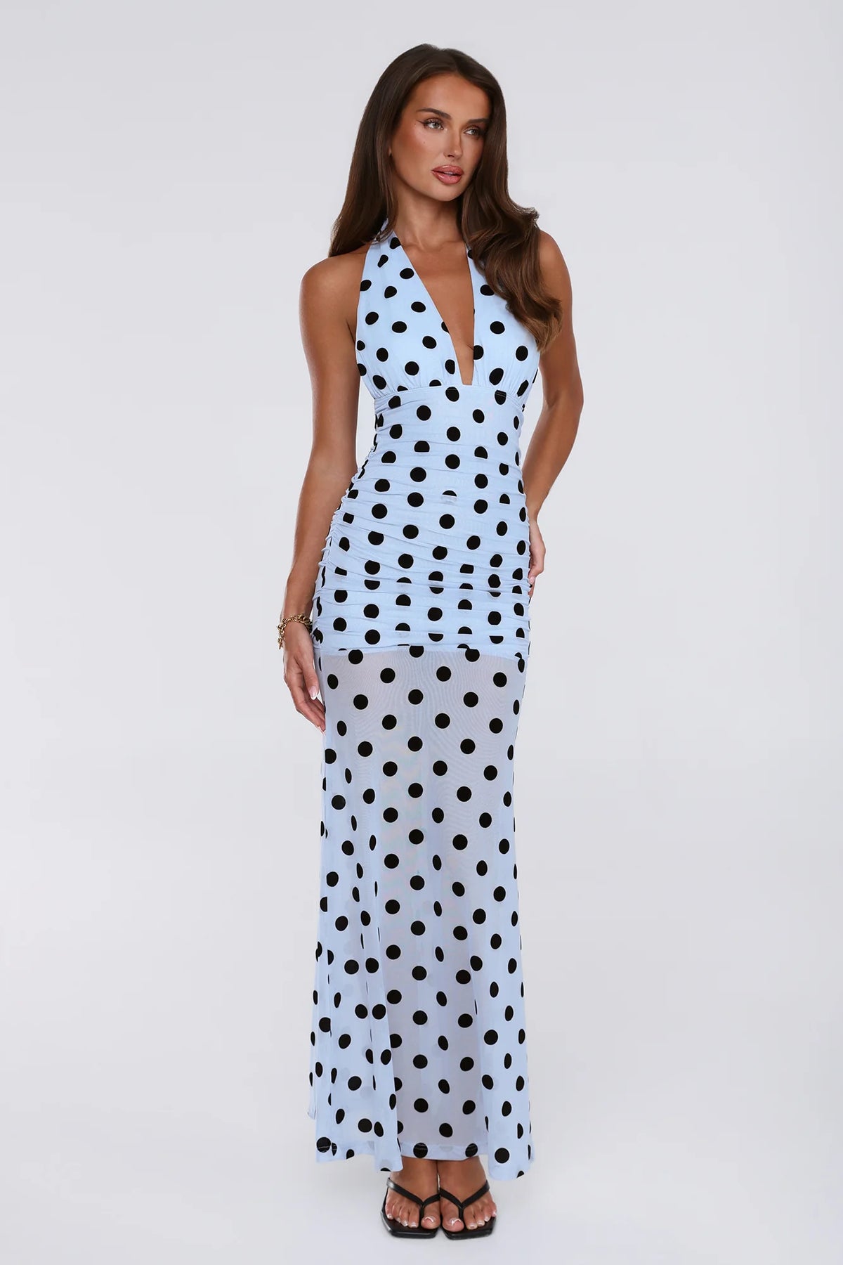 Dancefloor Diaries Halter Polka Dot Maxi Dress Blue