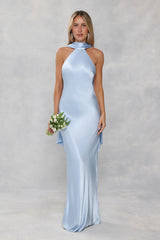The Vivia Halter Satin Maxi Dress Light Blue