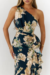 Floral One Shoulder Cutout Maxi Dress Navy