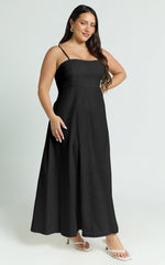 Brette Midi Dress - Linen Straight Neck Strappy Fit And Flare Dress in Black