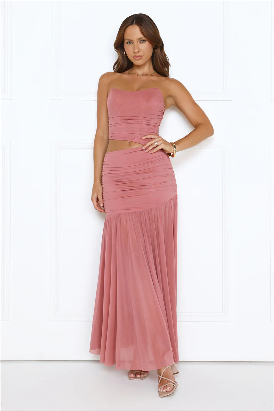 Champagne Glow Strapless Maxi Dress Rose