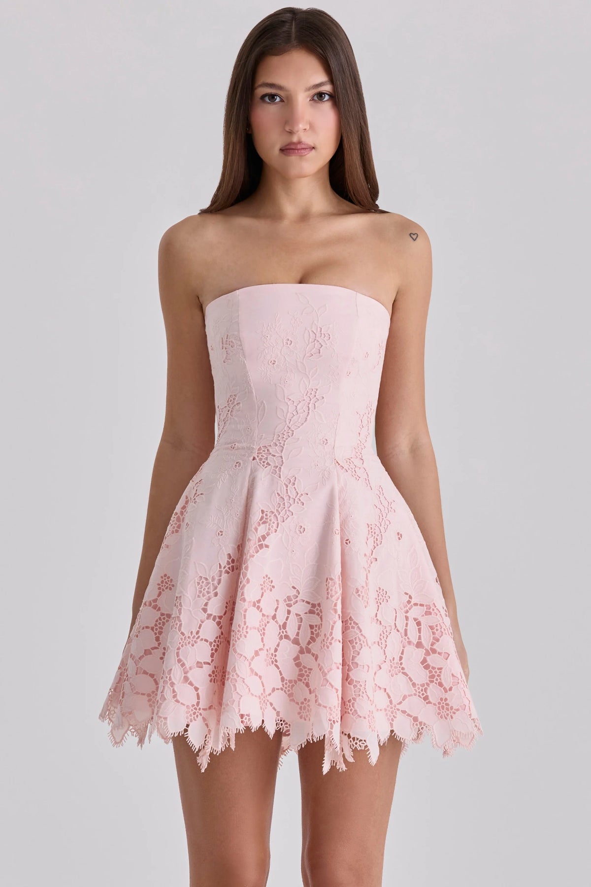 pink strapless cut out broderie anglaise mini dress