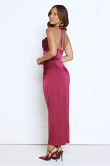 Dreamy And Sophisticated Satin Halter Midi Dress Wine