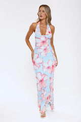 Sweetly Said Mesh Halter Maxi Dress Blue