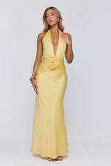 Vibe Star Halter Satin Maxi Dress Yellow
