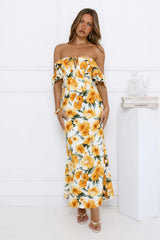 Sunflowers Off Shoulder Midi Dress Yellow