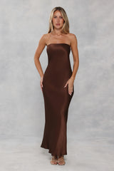 The Felicity Strapless Satin Maxi Dress Chocolate Brown