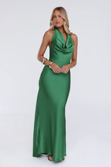 Cherry Whirl Satin Halter Maxi Dress Emerald