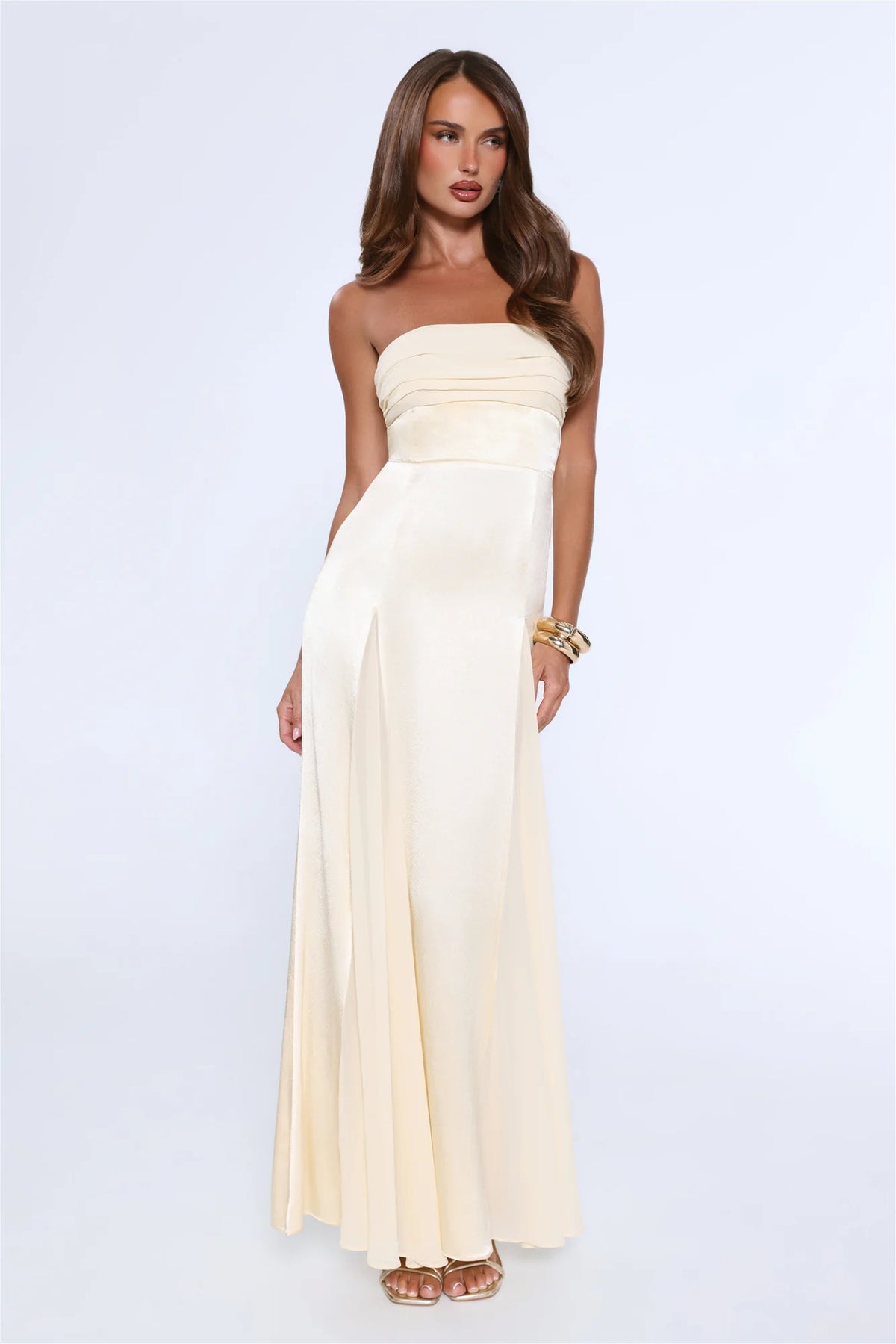 Statement Shine Strapless Satin Maxi Dress Yellow