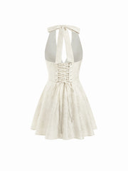 Jacquard Halter V-neck Lace Up Backless Ruffle Mini Dress