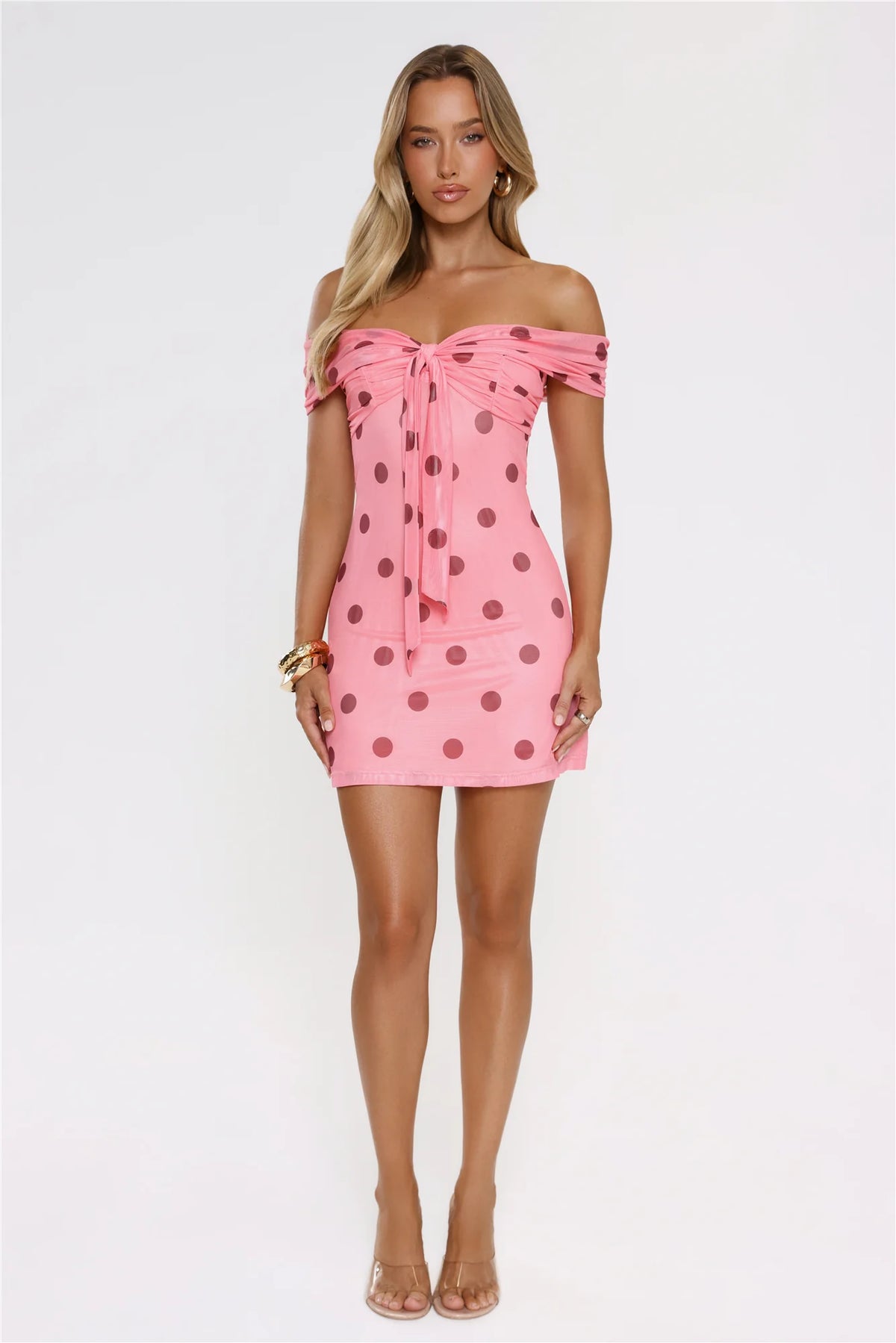Take The Hint Off Shoulder Mesh Polka Dot Mini Dress Pink