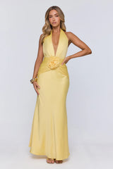 Vibe Star Halter Satin Maxi Dress Yellow