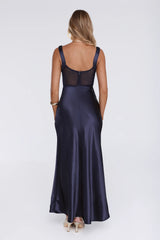 Silky Silk Satin Maxi Dress Navy