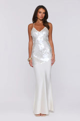 Shimmer Glow Sequin Maxi Dress Ecru White
