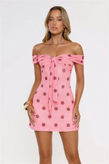 Take The Hint Off Shoulder Mesh Polka Dot Mini Dress Pink