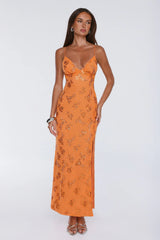 Stay Magnetic Mesh Beaded Maxi Dress Orange