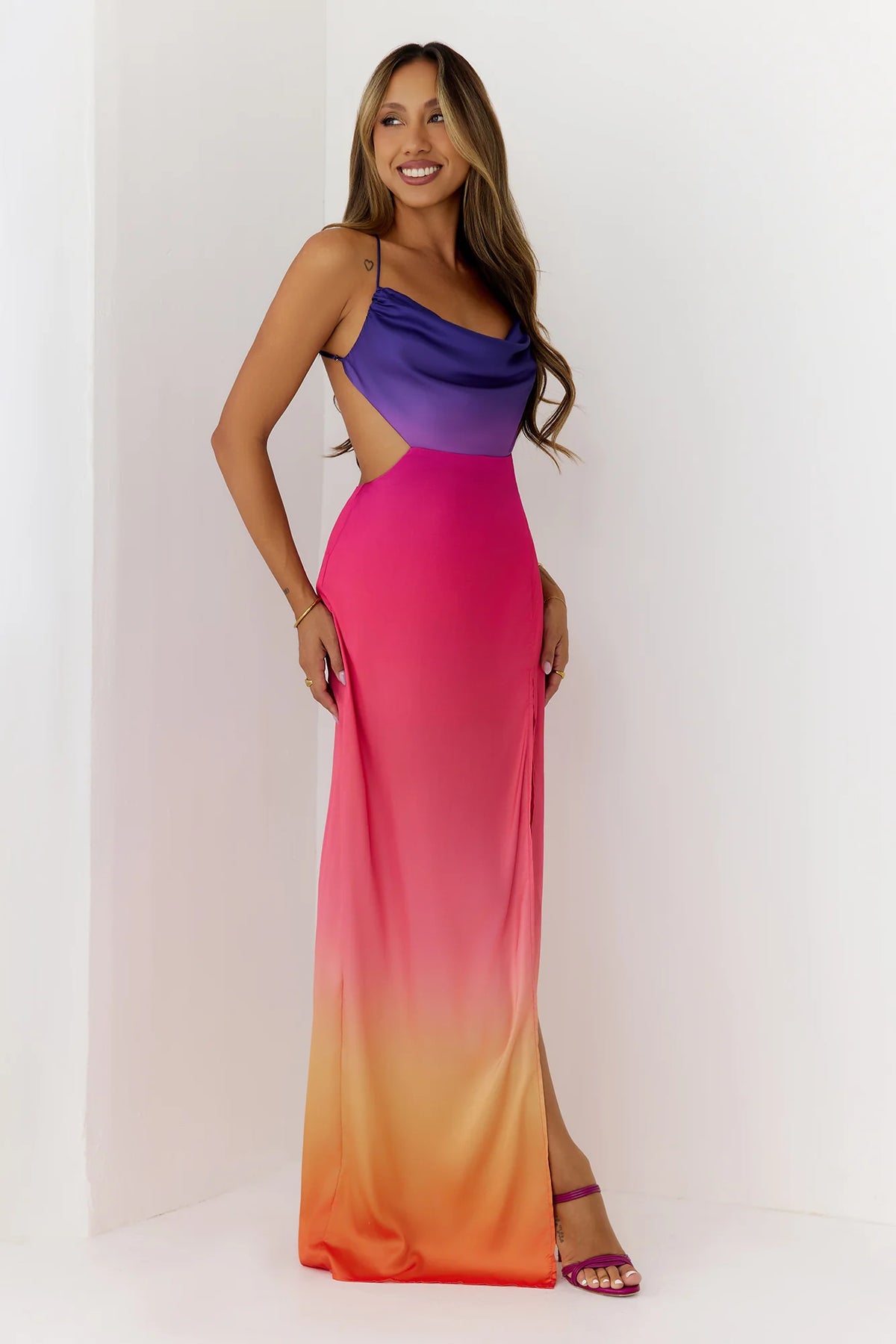 Sunset Glaze Ombré Cowl Neck Maxi Dress Multi