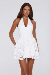 Seashell Serenade Embroidered Halter Mini Dress White
