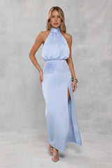 Silken Society Halter Satin Maxi Dress Blue
