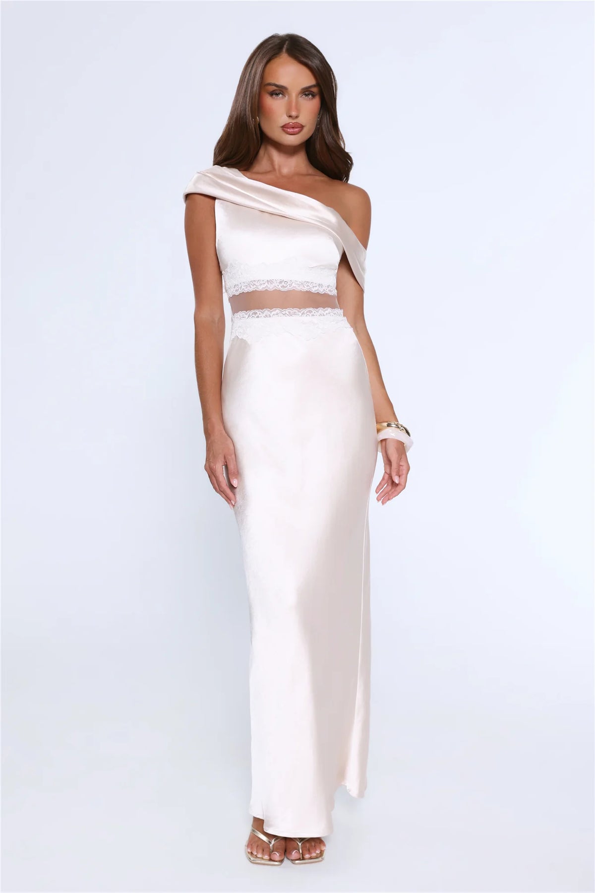 Under Candlelights Off Shoulder Satin Maxi Dress Champagne