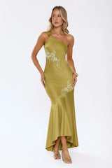 Jelly Glow One Shoulder Satin Maxi Dress Olive