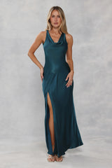 The Loretta Cowl Satin Maxi Dress Teal