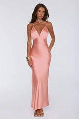 Pearl Indulgence Satin Maxi Dress Peach