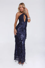 Spin For Me Sequin Halter Maxi Dress Navy