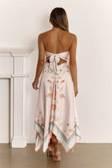 Coastal Chic Strapless Scarf Print Midi Dress Pink