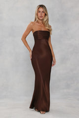 The Seraphina Strapless Satin Maxi Dress Chocolate Brown