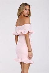 Glimmering Noir Off Shoulder Lace Mini Dress Pink