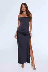 The After Party Off Shoulder Satin Maxi Dress Navy