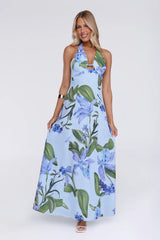 Fleur Flicker Halter Maxi Dress Blue