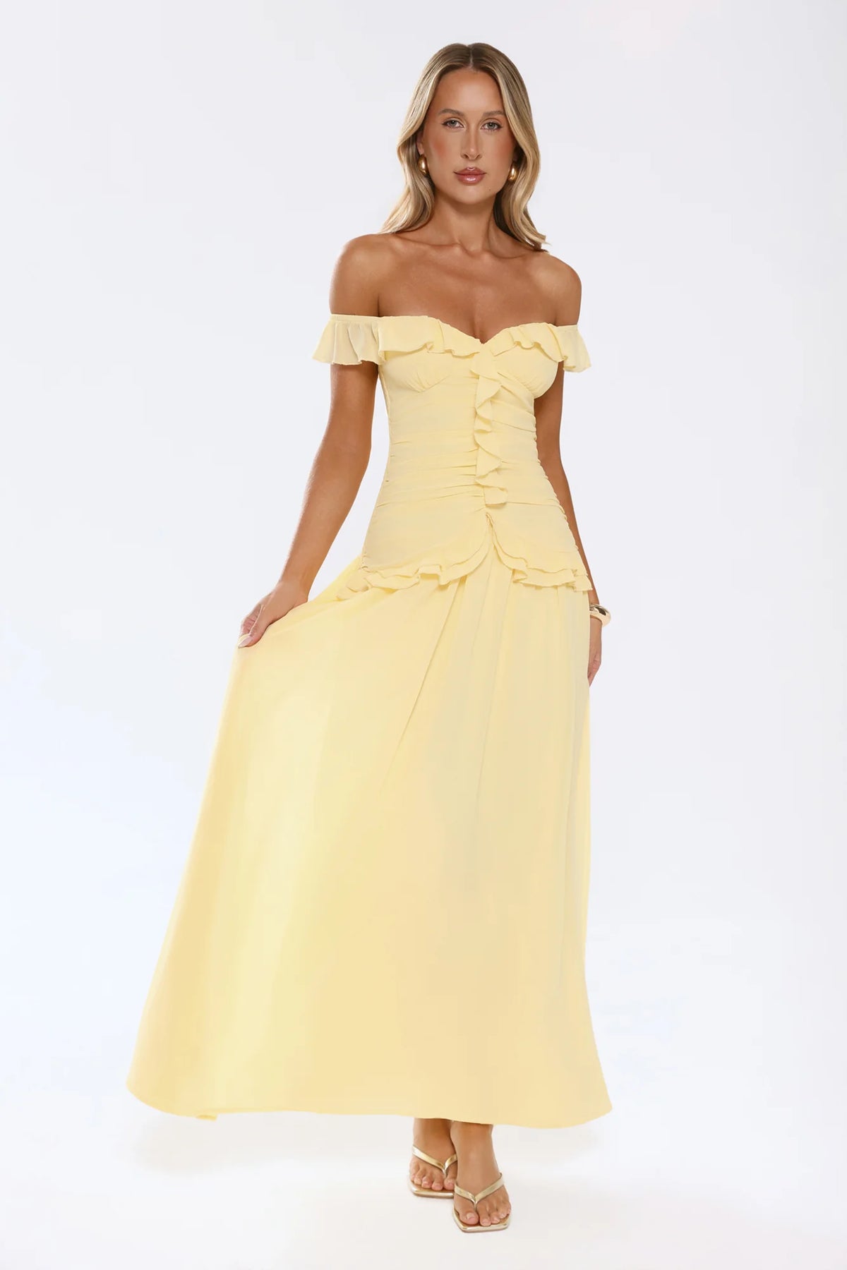 Radiant Poise Off Shoulder Maxi Dress Yellow